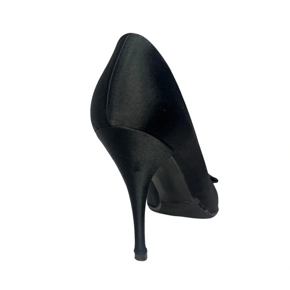 Stuart Weitzman Satin Open  Peep Toe High Heels Bow Accents | Black | Siz… - Picture 5 of 16
